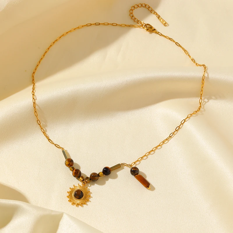 EILIECK 316L الفولاذ المقاوم للصدأ الحجر الطبيعي قلادة سوار مجموعة خمر سلسلة طوق اليدوية والمجوهرات مقاوم للماء للنساء هدية