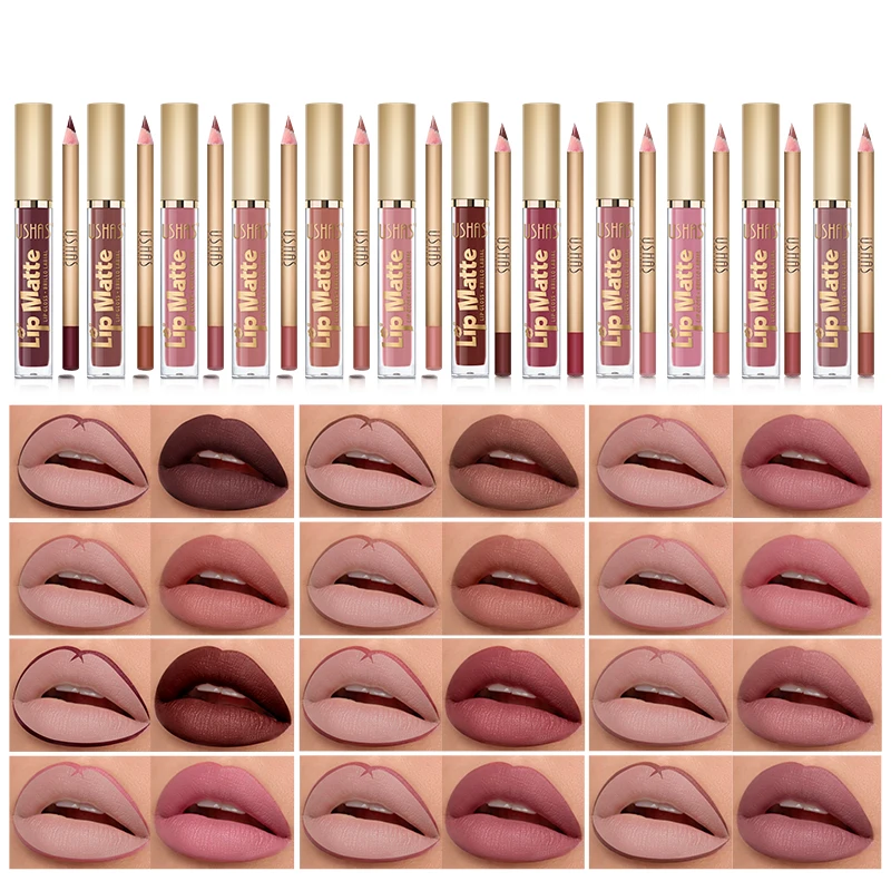 USHAS, set di matite per labbra e lucidalabbra 2 in 1, 12 colori disponibili, smalto per labbra impermeabile e antiaderente, matita per labbra opaca setosa, ragazza