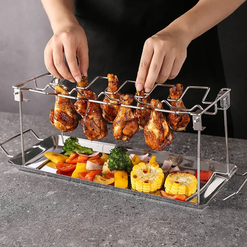 

BBQ Beef Chicken Leg Wing Grill Rack 14 Slots Stainless Steel Barbecue Drumsticks Holder Oven Roaster Stand with Drip Pan Tools