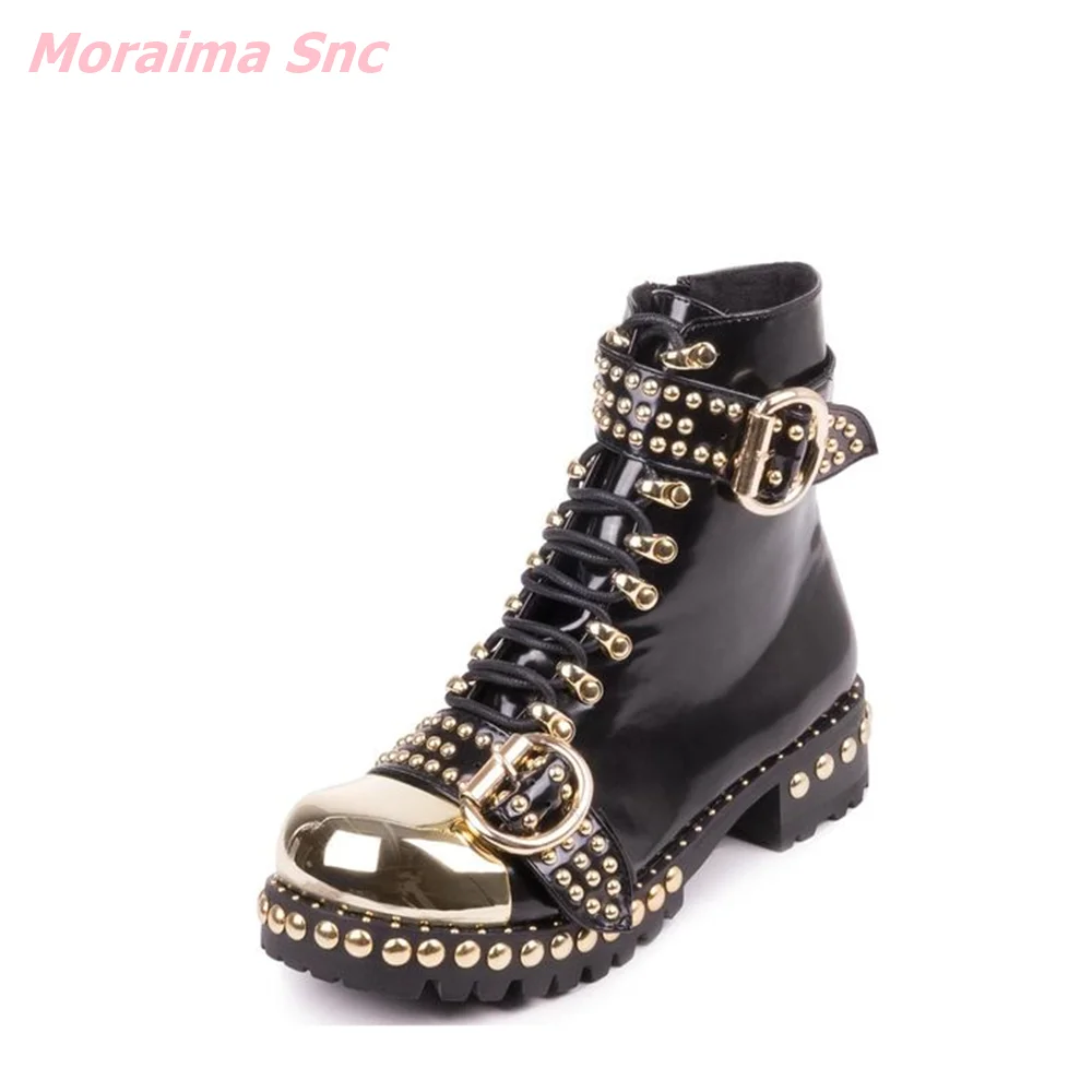 Round Toe Women Cool Boots Genuine Leather Belt Buckle Punk Mid-Calf Fashion Novelty Rivet Square Heel Comfortable Hot Sale