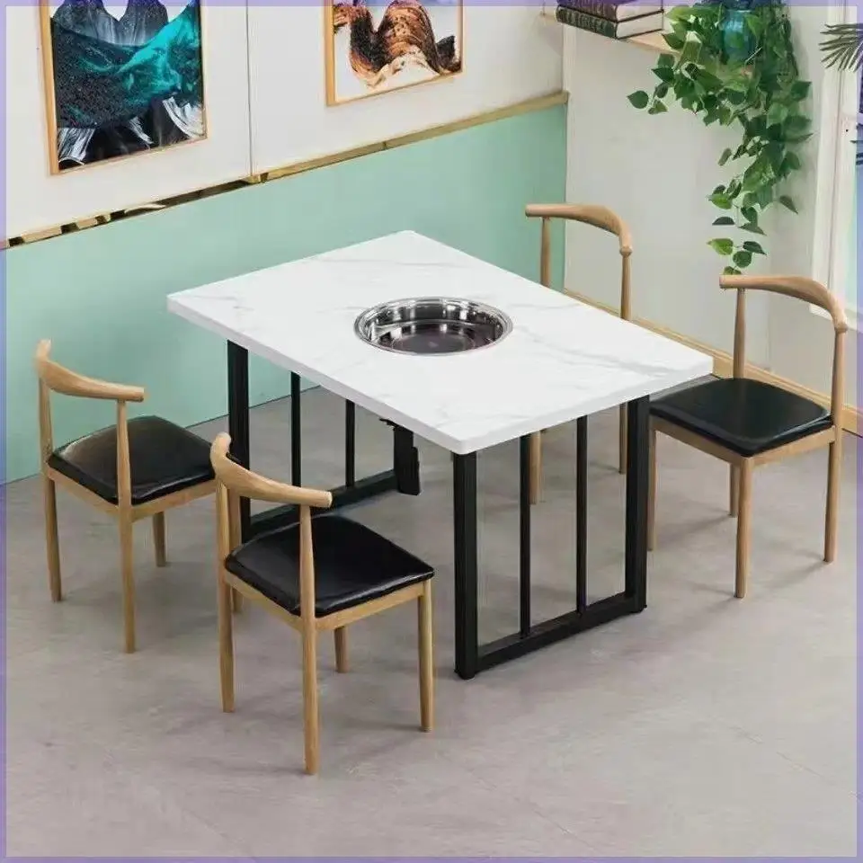 

Commercial hot pot table Induction cooker dining table Solid wood wrought iron dining