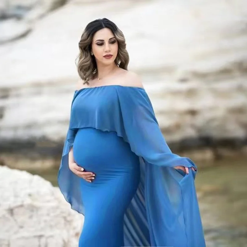 Women\'s Maternity Fitted Elegant Gown for Photoshoot Baby Shower Long Off Shoulder Bride Party Ruffles Maxi Photography Dress