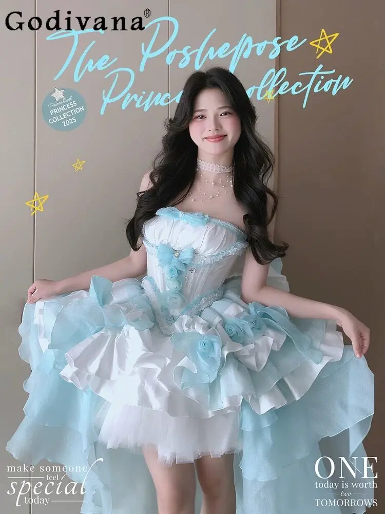 

Blue and White Lolita Dress for Women Sweet Elegant Big Bow Train Tube Top and Skirt Set High-end Princess Birthday Dresses