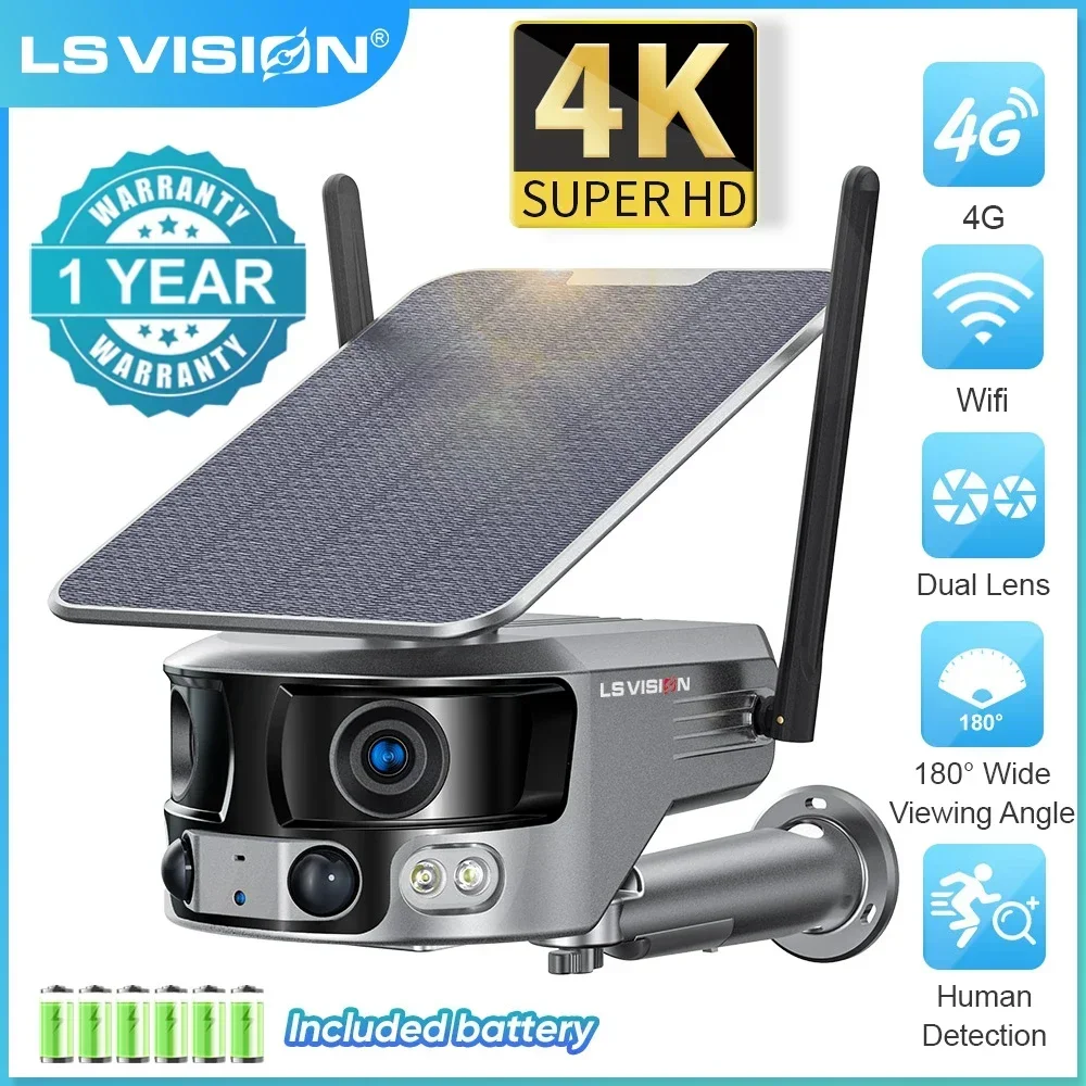 LS VISION 4K 180° Ultra Wide View Angle 4G Solar Security Camera Outdoor WIFI 4X Zoom Dual Lens PIR Human Detection CCTV Camera