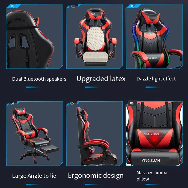 Gaming Chair LED Lights Ergonomic Computer Chair Reclining PU Leather High Back Video Game Chair Adjustable Lumbar Support