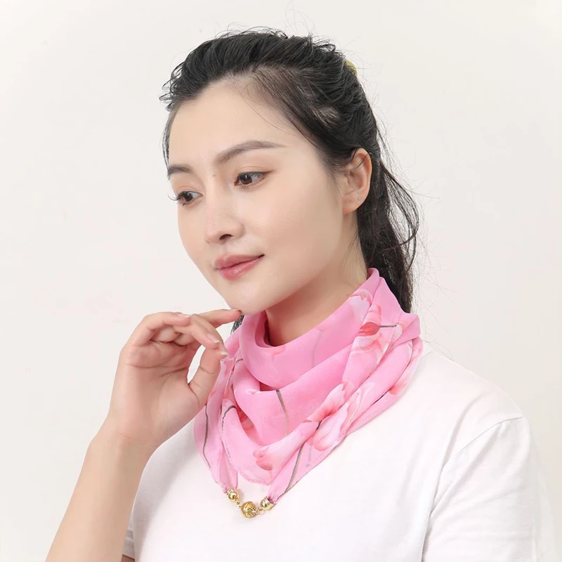 Women Versatile Lazy Scarf Magnetic Snap Square Scarf Small Gold Ball Silk Chiffon Multi-functional New Spring Summer Versatile