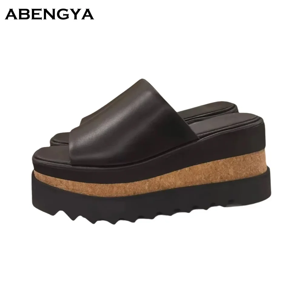 Summer New Black Leather Flat Slippers Women Open Toe Mules Dress Flat Slides Designer Casual Party Beach Walk Shoes For Women