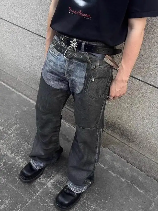 

Мужские джинсы в американском ретро-стиле, свободного кроя, с цифровым напылением, имитирующим двухмерный эффект, длинные прямые штанины, хлопок/полиэстер