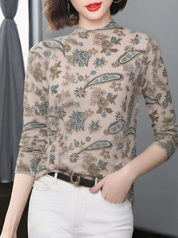 

Элегантная женская базовая блузка с высоким воротником и принтом, с длинным рукавом, для женщин среднего возраста, стройнящий топ, омолаживающий образ