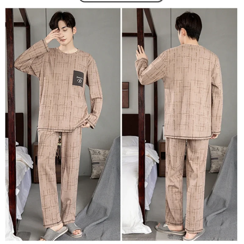 Large Size Cotton Pajamas Men's Spring Sleepwear Long Sleeves Pullover Trousers Loose Loungewear Homesuit Can Be Worn Outside