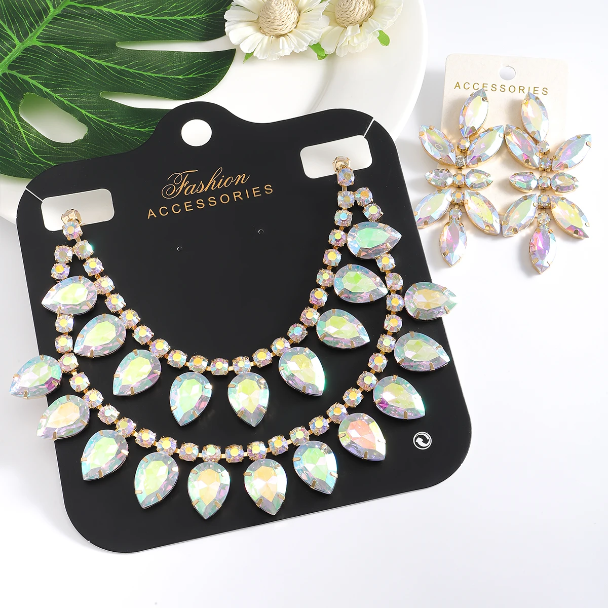 girlgo Luxury Necklace Earrings Sets Colorful Rhinestone Necklace Women\'s Wedding Bridal Jewelry Accessories