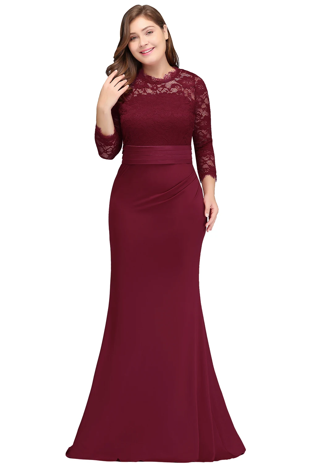 In Lager Meerjungfrau Spitze Elegante Lange Abendkleider Scoop Neck 3/4 Sleeve Abendkleider mit Schärpen Hochzeit Party Kleider Vestido