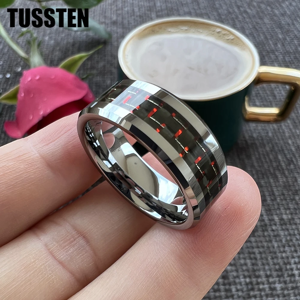 Dropshipping TUSSTEN 6/8MM Men Women Tungsten Wedding Band Black Red Carbon Fiber Inlay Shiny Bevel Edges Comfort Fit