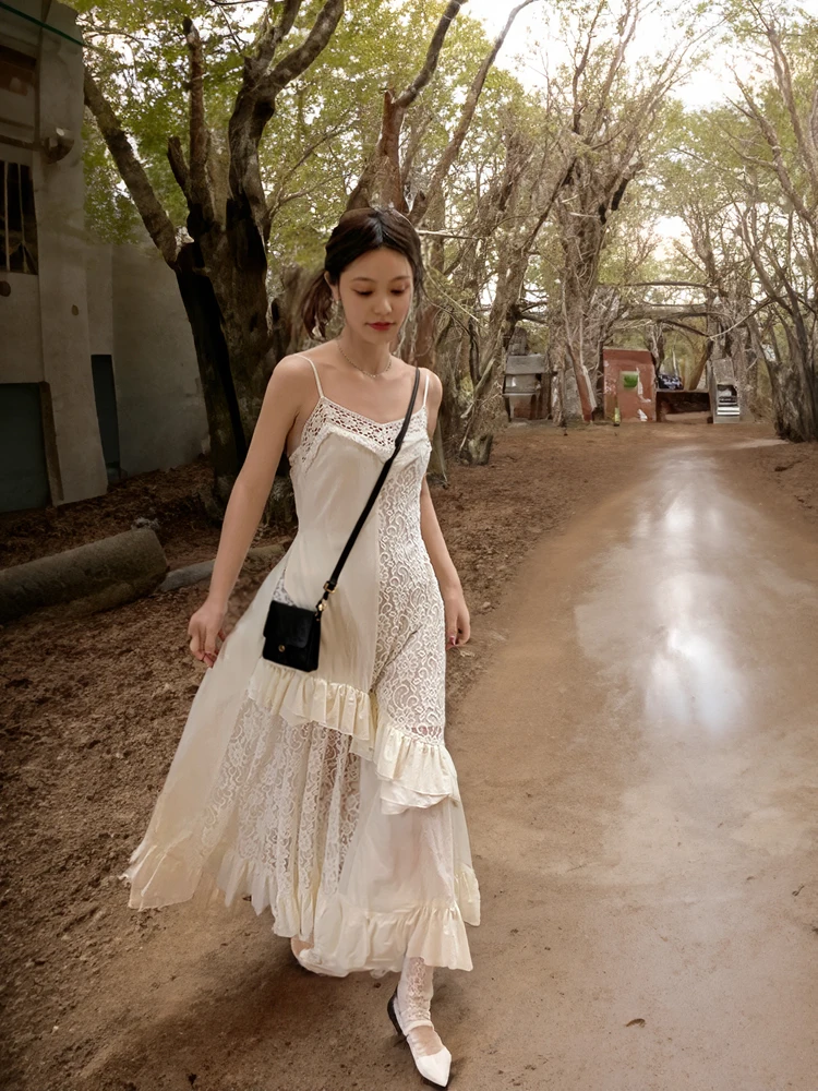 

Ele Lace Trim Splice Strap Dr Women's Design Sense Hollow Folded Wood Ear Long Skirt Commute Sle Summer Dr