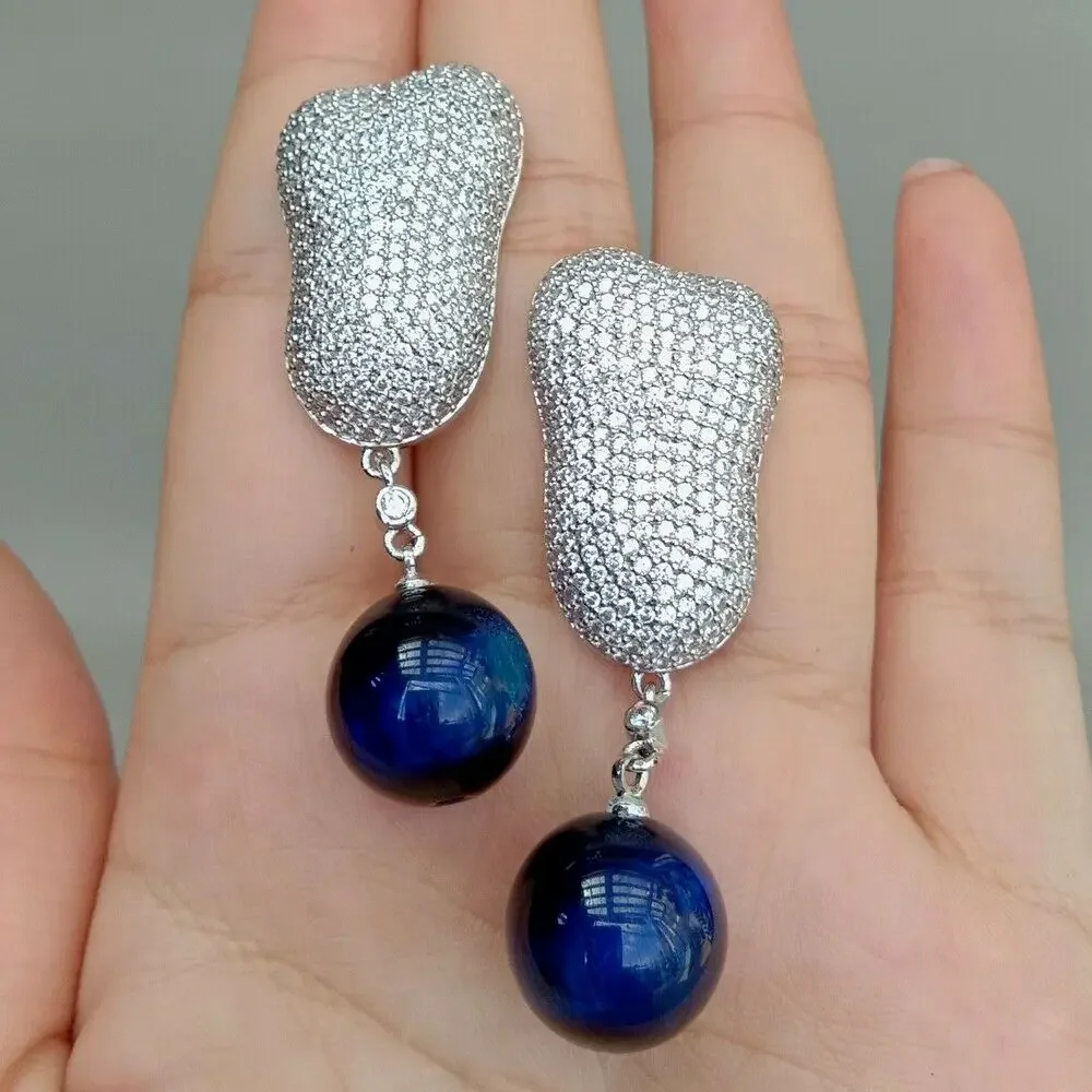 

Серьги-гвоздики с покрытием из белого золота Cz pave, синие круглые серьги-гвоздики с тигровым глазом