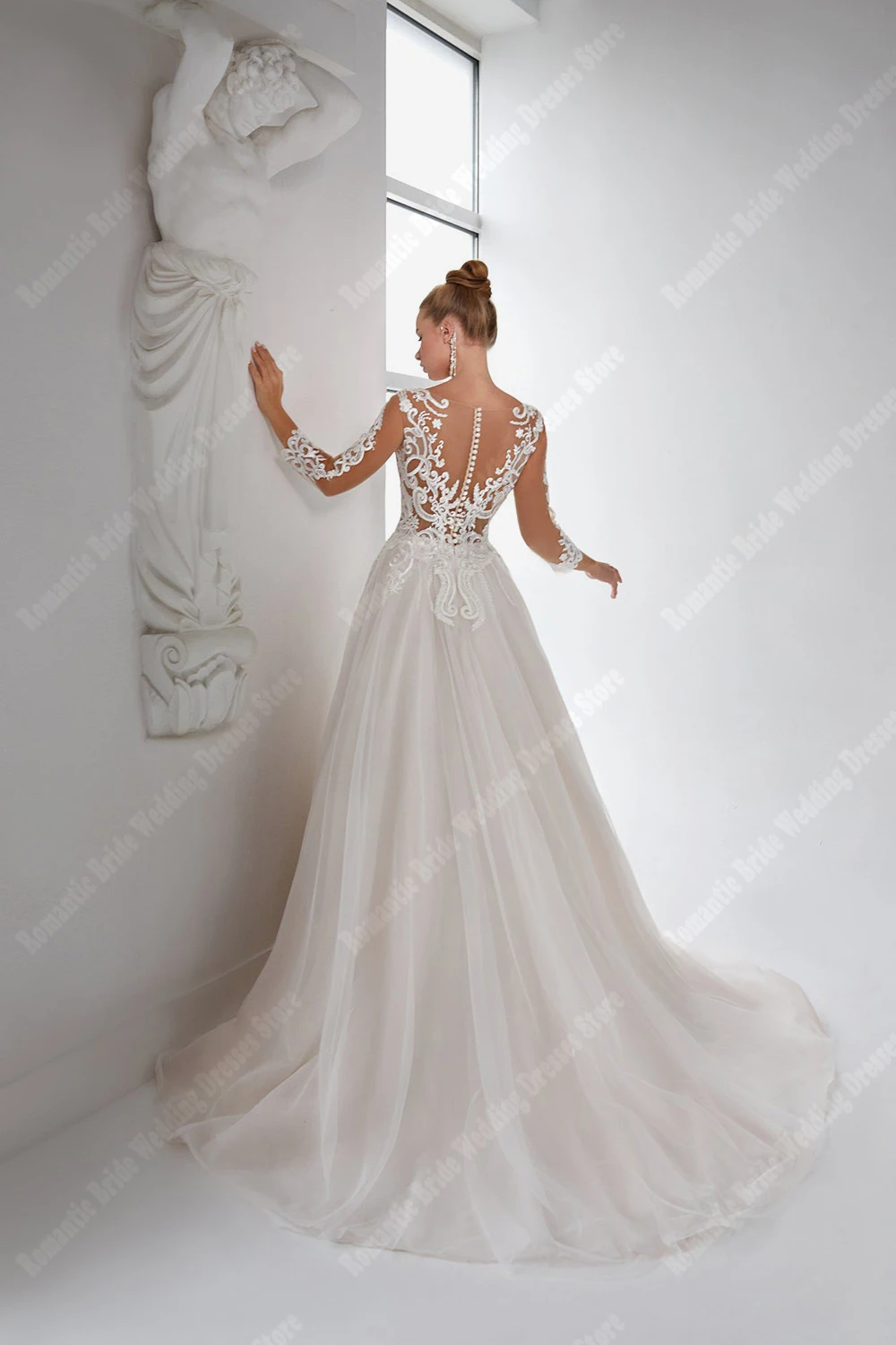 보헤미안 시어 A라인 여성 웨딩드레스 맞춤 제작 우아한 레이스 아플리케 긴팔 신부 드레스 롱 드레스 베스티도 데 노비아