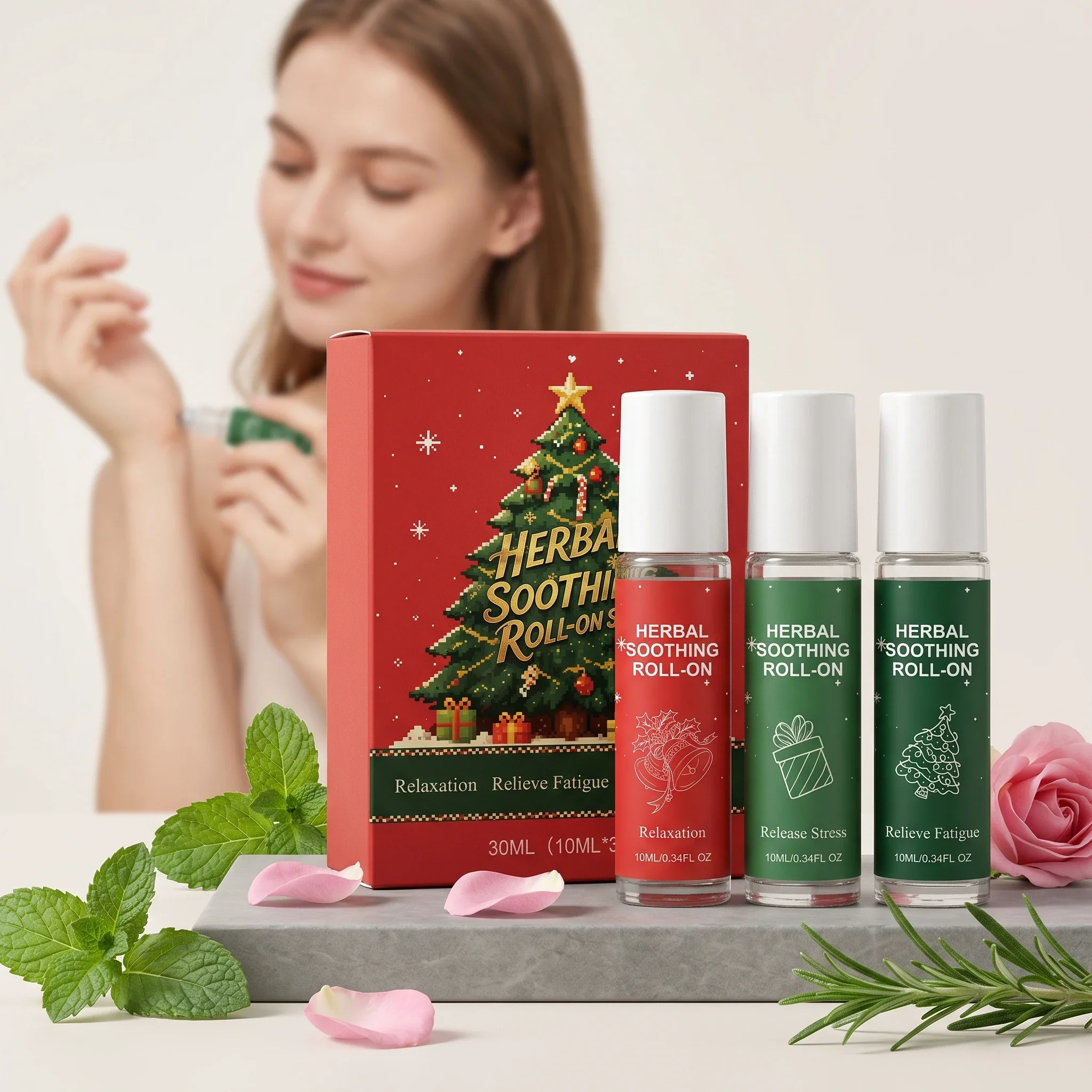 Christmas Aroma Roll-On Oil Set Herbal Plant Extract Calming Stress Relief Portable Roller Serum Holiday Gift Kit 10ml