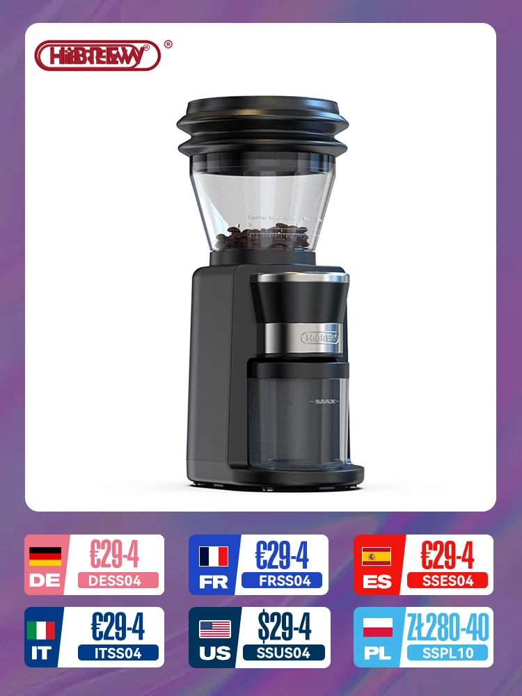 HiBREW Automatic Burr Mill Electric Coffee Grinder with 34 Gears for Espresso American Coffee Pour Over Visual Bean Storage G3