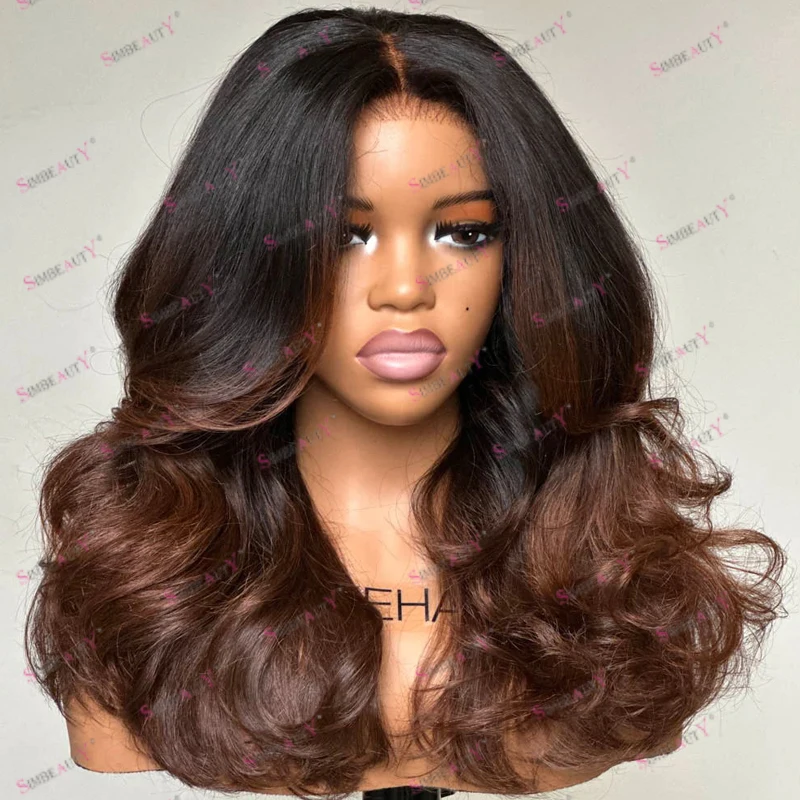 Simbeauty 100% Remy Human Hair Ombre 1B#30 Copper Brown Wavy Full Lace Wigs Natural 200Density 5x5 HD Lace Wigs for Black Women