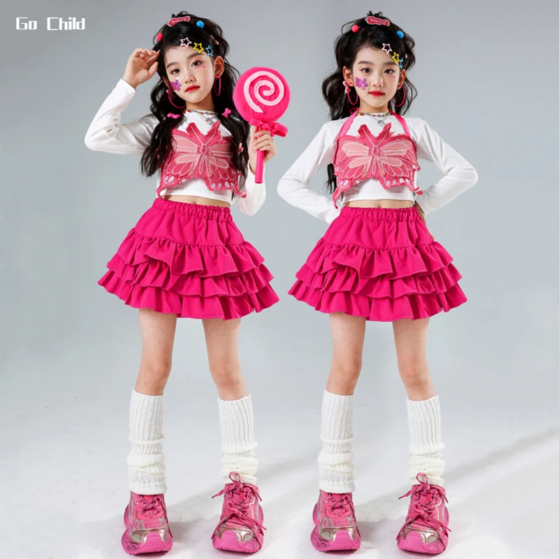 

Girls Hip Hop Crop Top Sweet Butterfly Vest Tiered Skirts Kids Lovely Streetwear Children Jazz Street Dance Costume Clothes Sets