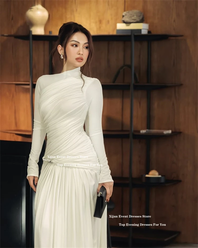 Xijun Ivory Crepe Long Evening Dresses Pleated Saudi Arabia Full Sleeves Formal Prom Dresses High Collar Prom Gowns Customized image 5