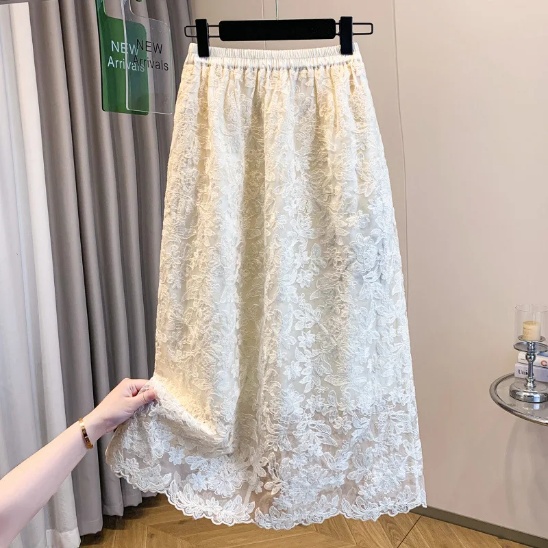 Women's Beige Lace Embroidered Back Slit Maxi Skirt Elastic High Waist Scalloped Hem Tulle Skirt Elegant Casual Summer Skirts