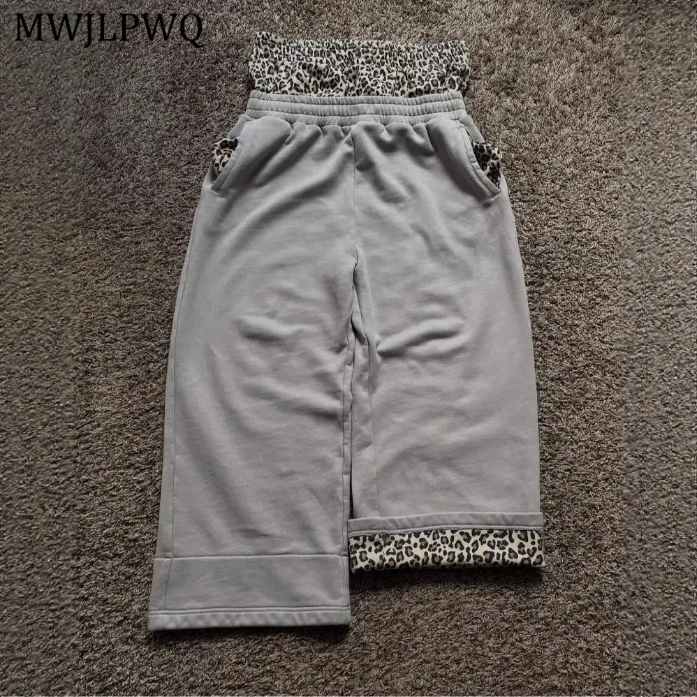 

MWJLPWQ Hip-Hop Patchwork Leopard Print Pants Street Style Male Double Waistband Fake Two-Piece Loose Casual Sweatpants 11521