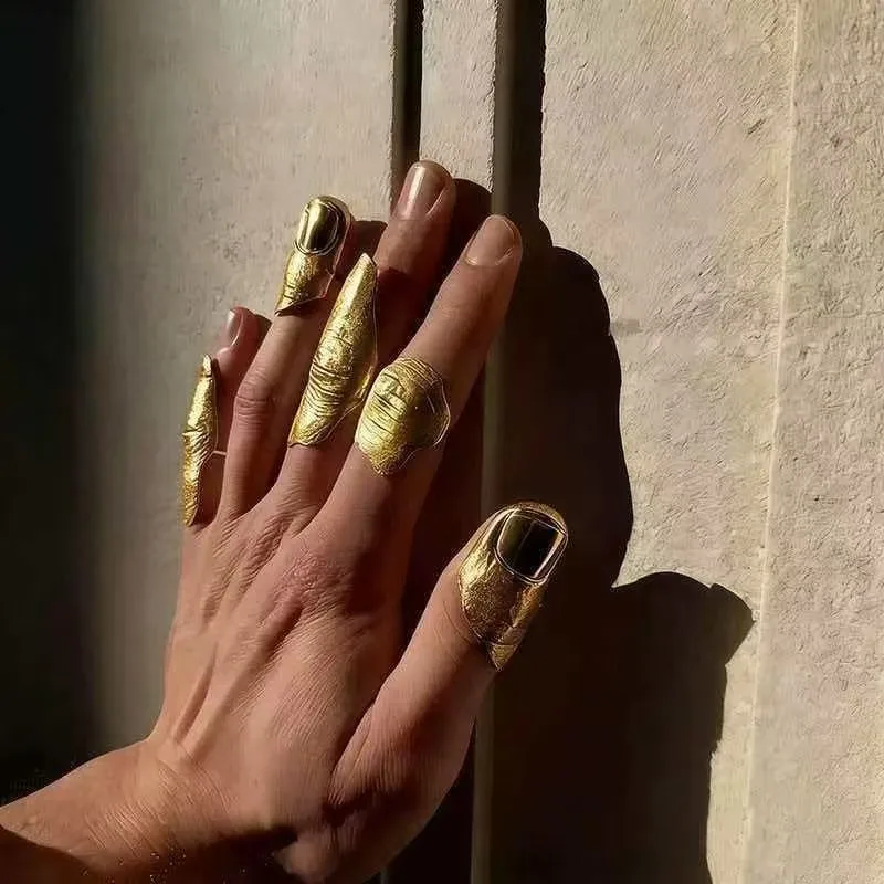 2026 New Artistic Irregular Texture Knuckle Ring Set Gold & Silver Hip Hop Style Full Finger Rings