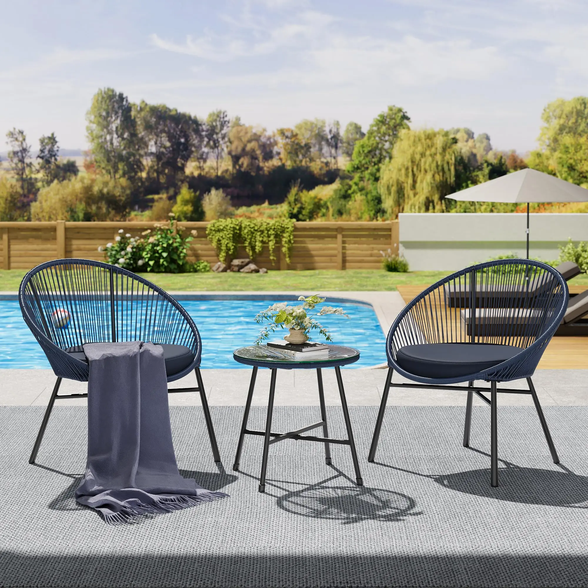 3 Pieces Outdoor Acapulco Chair Patio Bistro Set, All-Weather Acapulco Chairs with Glass Top Table, Modern Patio Conversation