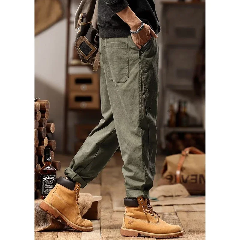 Loose Casual Fashion All-match Vintage Lantern Pants Men Elastic Waist Buttons Cotton Sweatpants Solid Button Pockets Trousers