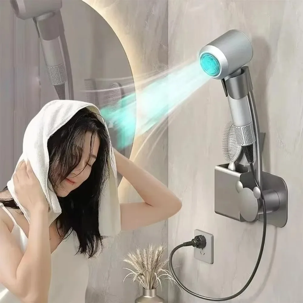

Adjustable Hair Dryer Holder Wall-mounted Free Hands Hairdryer Storage Rack Toothbrush Storage No Drilling Hair Dryer Organizer