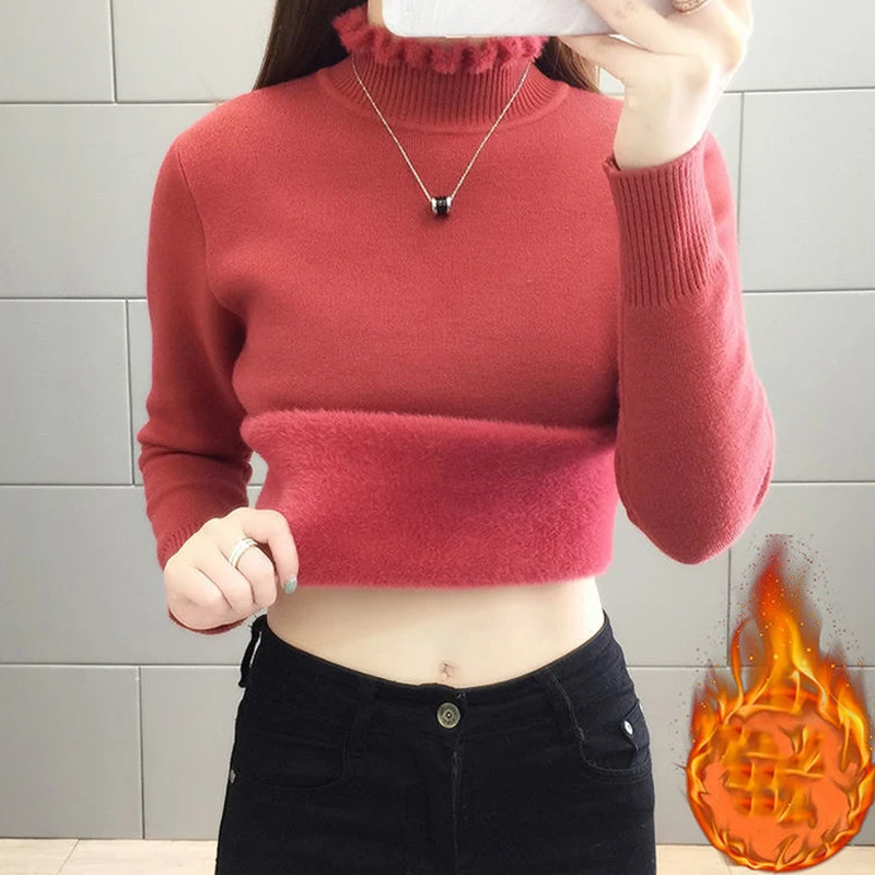 Korean Ruffles Half-Turtlenck Slim Thicken Knitted Pullovers Winter Plus Velvet Sweatercasual Fleece Lined Warm Knitwear Top
