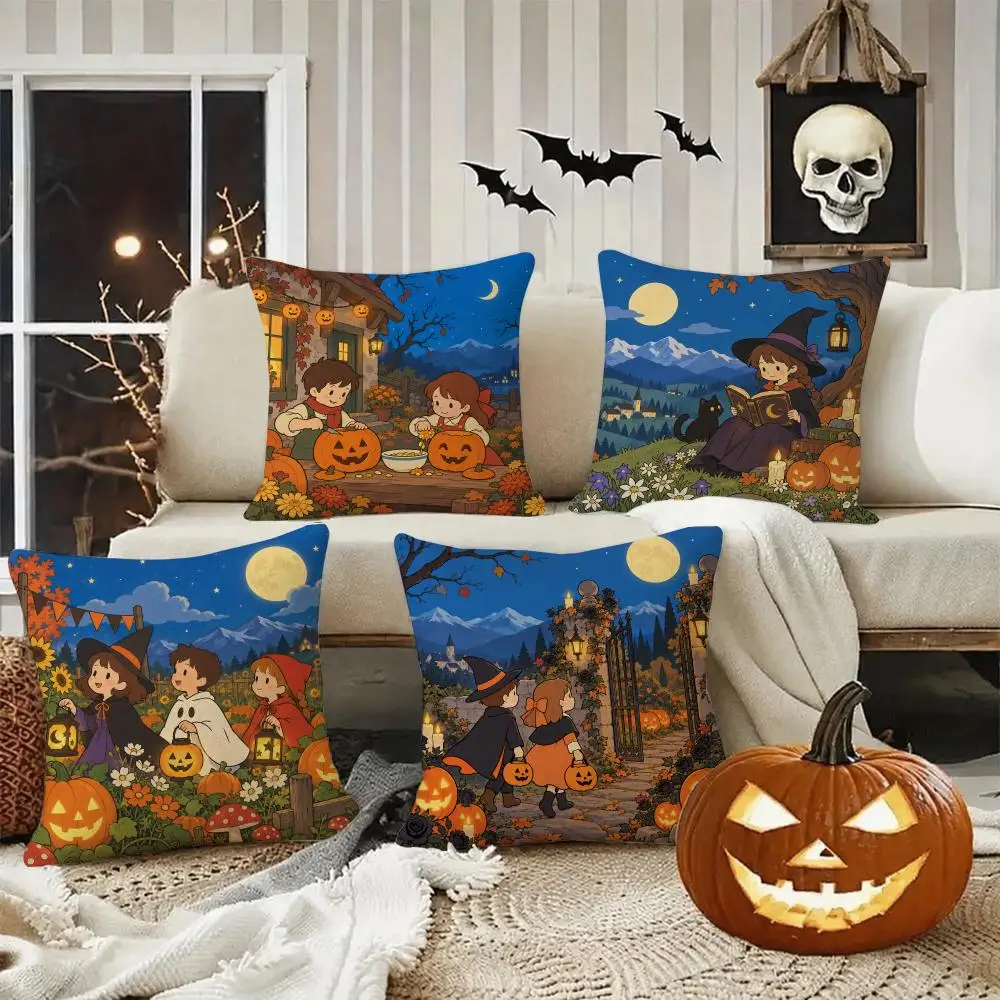 Moonlit Pumpkin Halloween Gift Cushion Cover Halloween Rustic Throw Pillow Covers, Cute Ghost Pumpkin Maple Leaf Cushion Covers