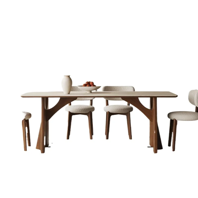 

Stone slab dining table Small household modern simple French wabi style rectangular walnut dining table