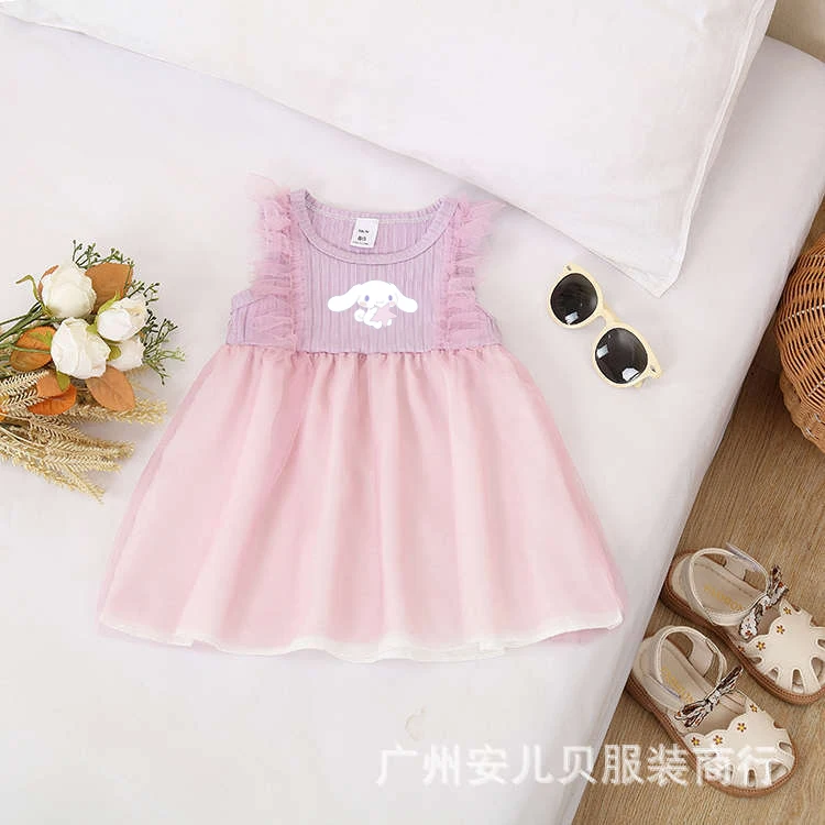 

Kawaii Sanrio Cinnamoroll Children's Dresses Cartoon My Melody Hello Kitty Print Summer New Female Baby Net Gauze Princess Skirt