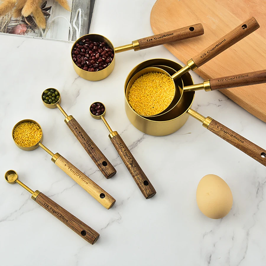 4PCS/8PCS baking cake stainless steel gold-plated weighing tool Acacia wood handle with carved measuring spoon Measuring tool