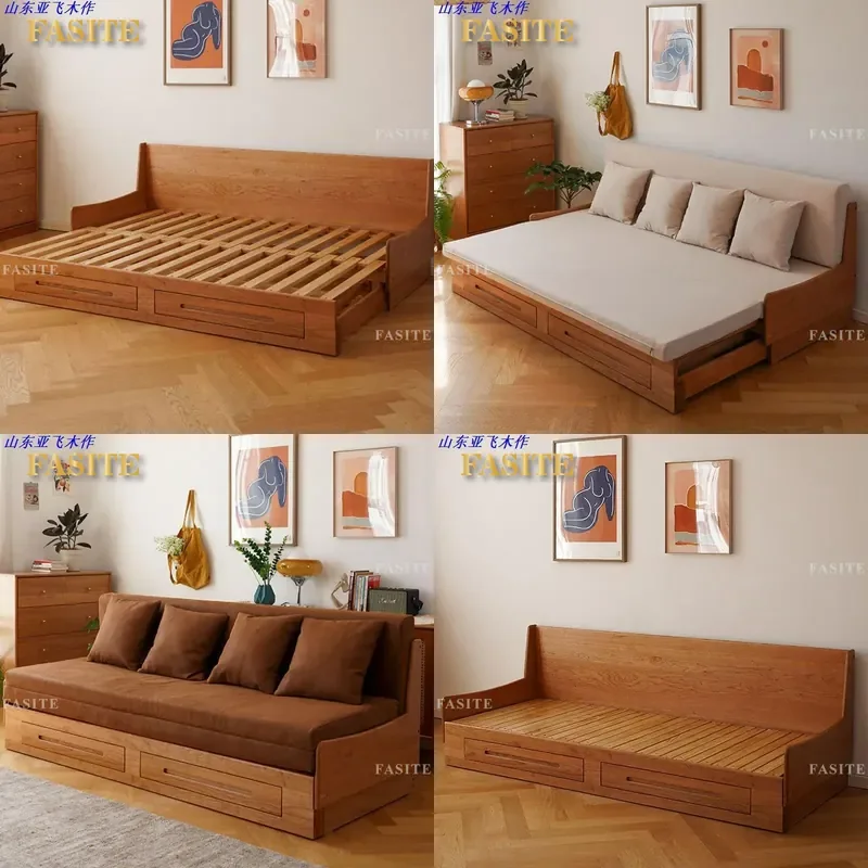 For North American Cherry Wood Sofa Bed All Solid Wood Pull Out Storage Tech Cloth Telescopic Small Apartment Furniture