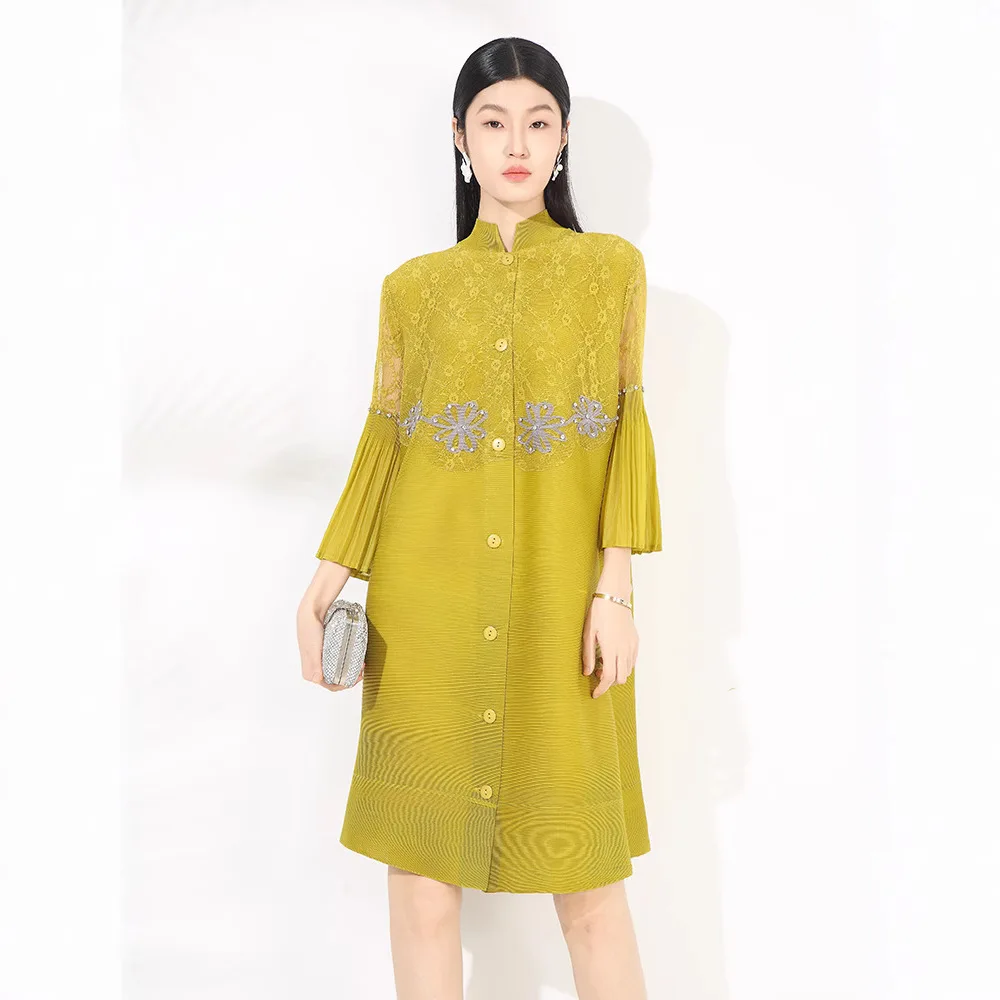 

Pleated Dress Spring Summer New Elegant Middle-aged Women's Clothing Loose Stand-up Neck Cardigan Beaded Medium and Long Coat