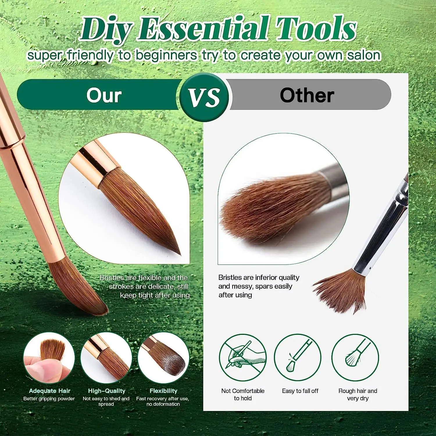 Kolinsky Pędzel do paznokci akrylowych, rozmiar 8, owalny okrągły pędzel z metalowym uchwytem