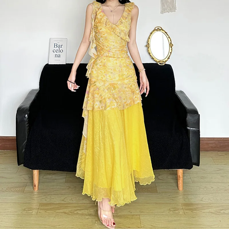 „Zeyla 2025 Sommer-Sommerkleid mit Blumenmuster für Damen, V-Ausschnitt, Rüschen, durchsichtiges Maxikleid, gelbes Strandurlaub-Outfit“