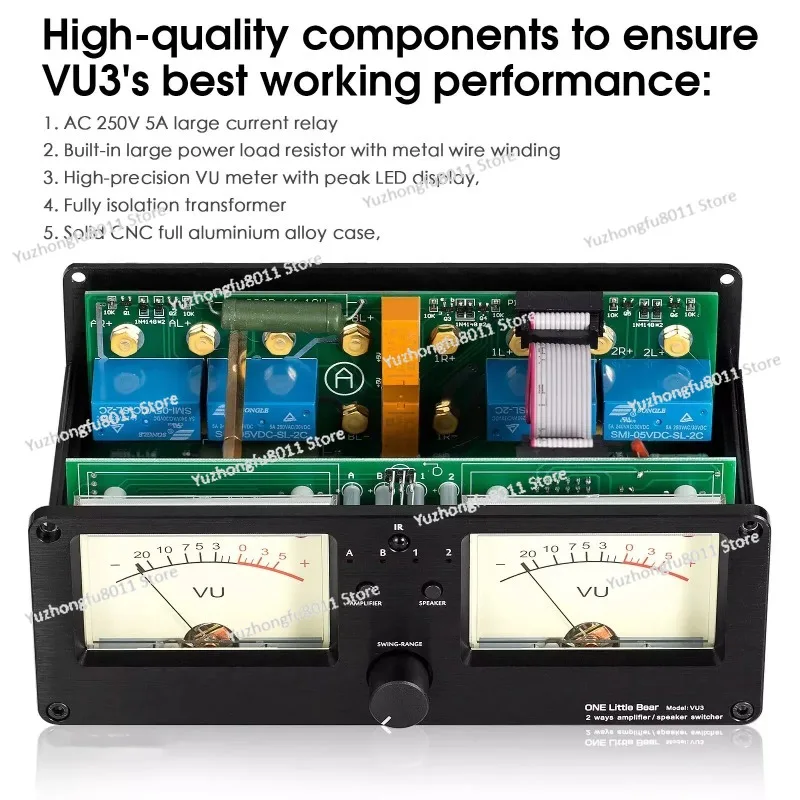 Dual Analog VU Meter Sound Level DB Panel Display 2-way Amplifier / Speaker Switcher Box Selector W/ Remote Control