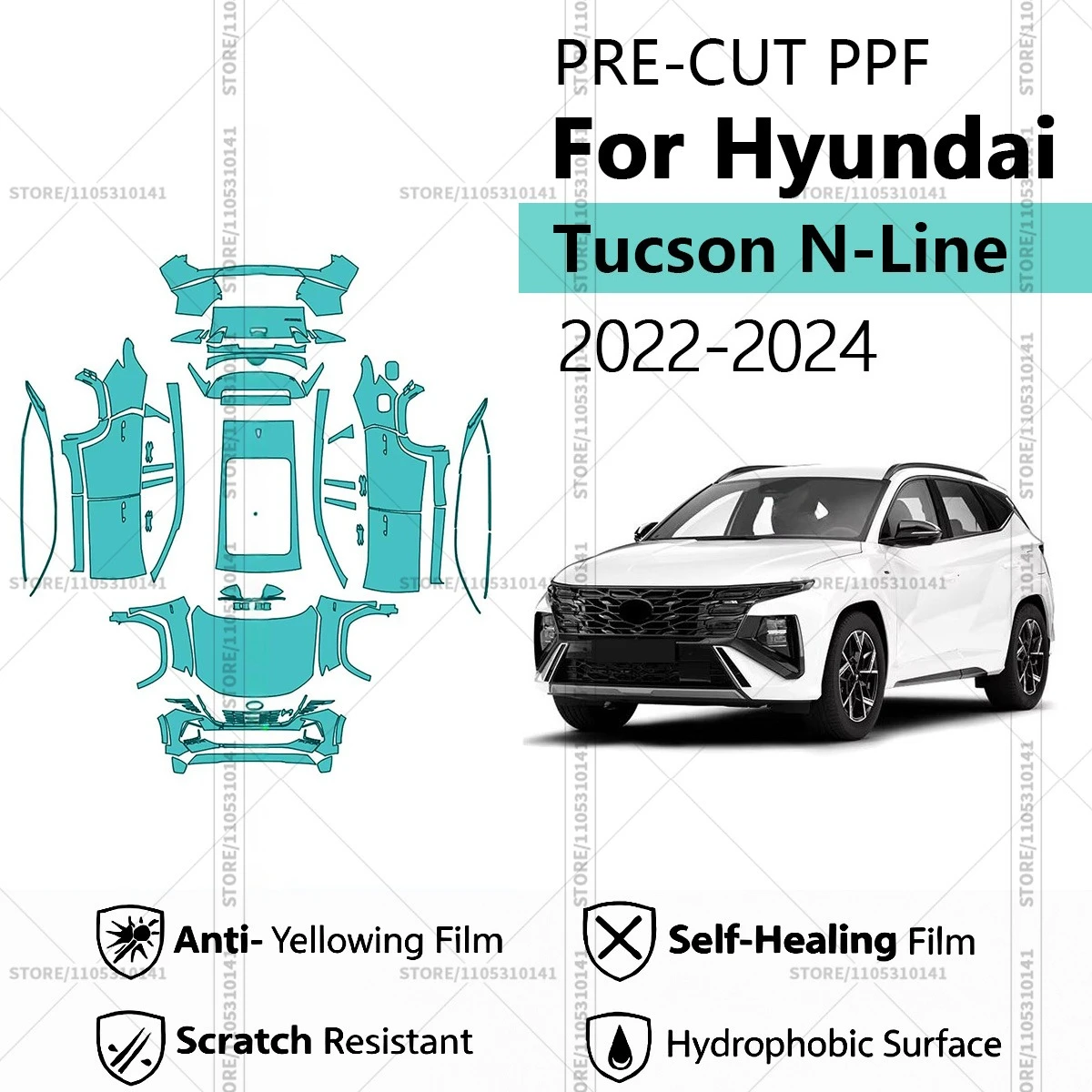 

Предварительно нарезанная защитная пленка PPF, прозрачная автомобильная пленка для Hyundai Tucson N-Line 2022-2024, полная защита кузова