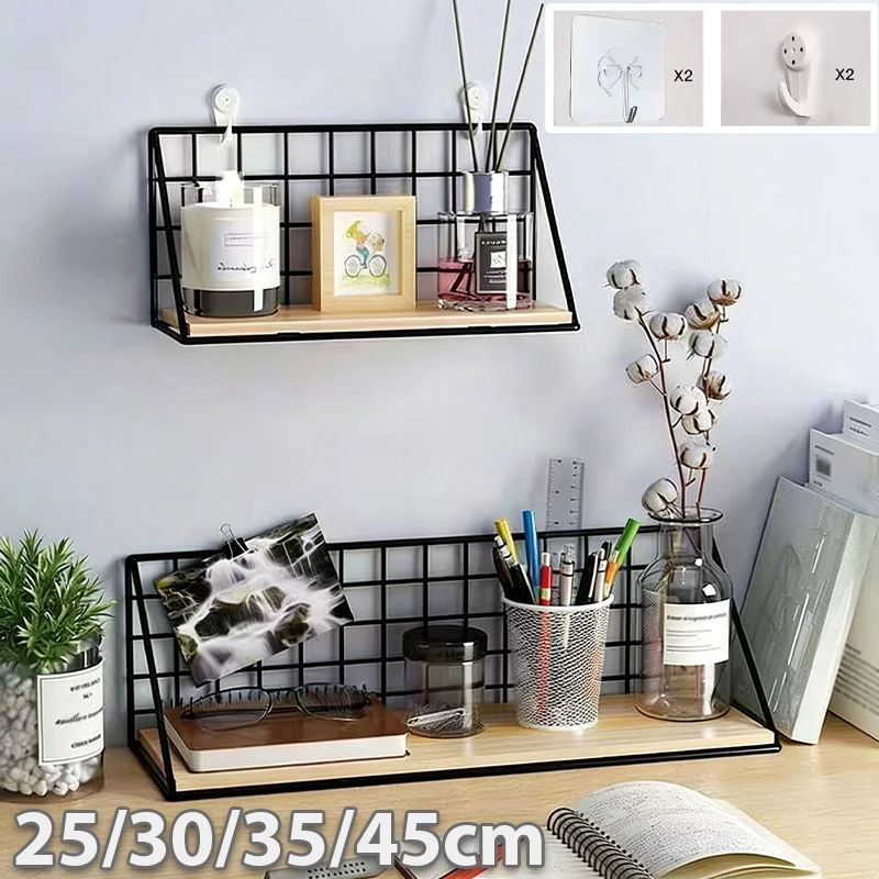 

Simple Floating Shelf Wall Mounted Storage Basket Wood and Metal Combination No Drilling for Dorm Bedroom Bathroom Organizer
