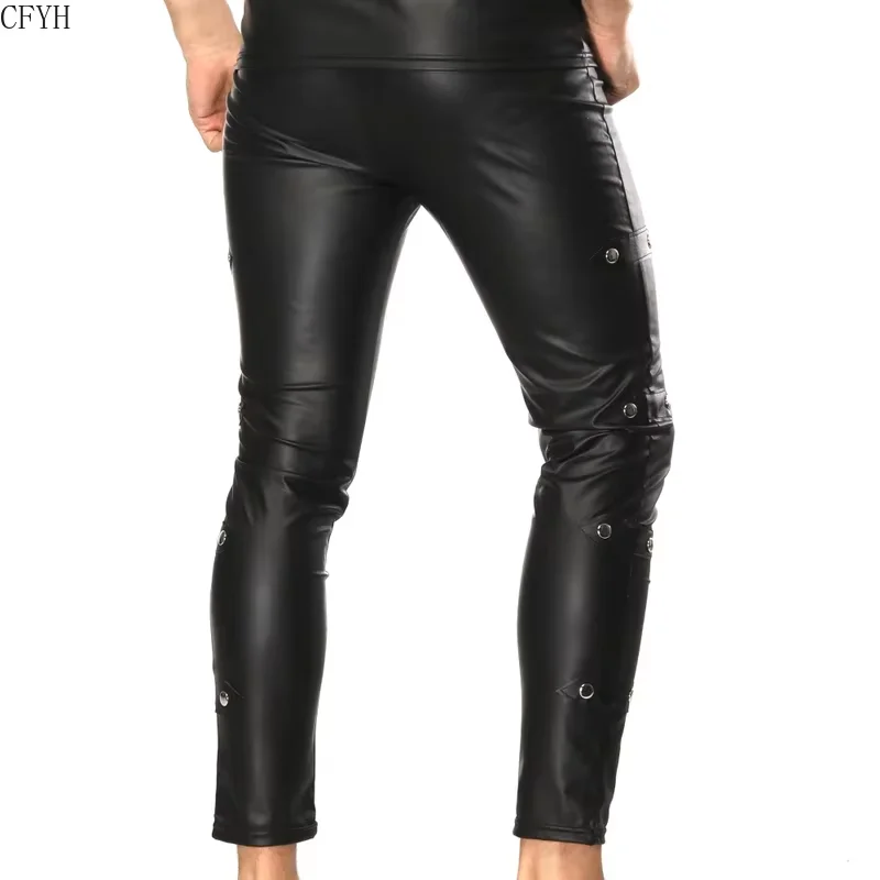 Men's PU Leather Classic Leggings Wet Look Slim Fit Pants Sexy Pouch Seamless Clubwear Tight with Rivets