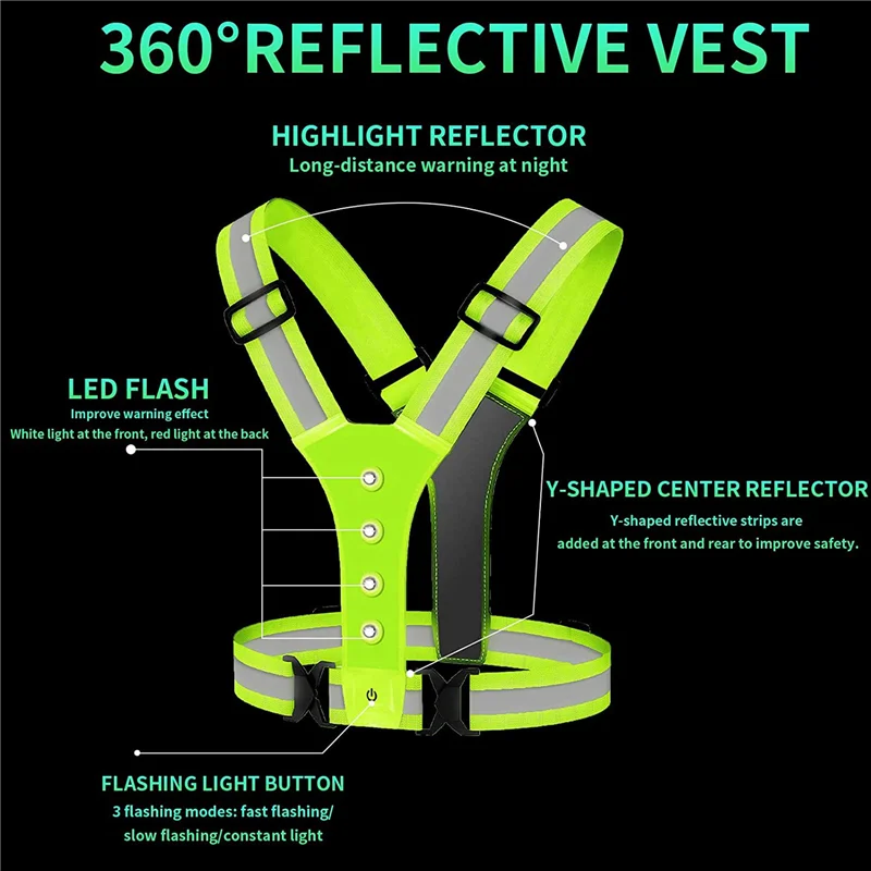 سترة جري LED AZ-3X، سترة عاكسة عالية الوضوح LED سترة أمان مع 6 أشرطة عاكسة لركوب الدراجات والركض والجري