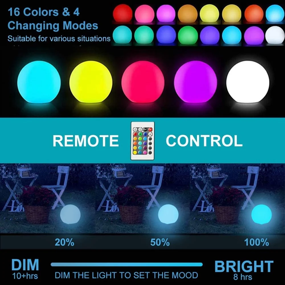 

ABVJ-LED Dimmable Floating Pool Lights Ball With Remote 16 RGB Colors & 4 Modes Rechargeable & Waterproof