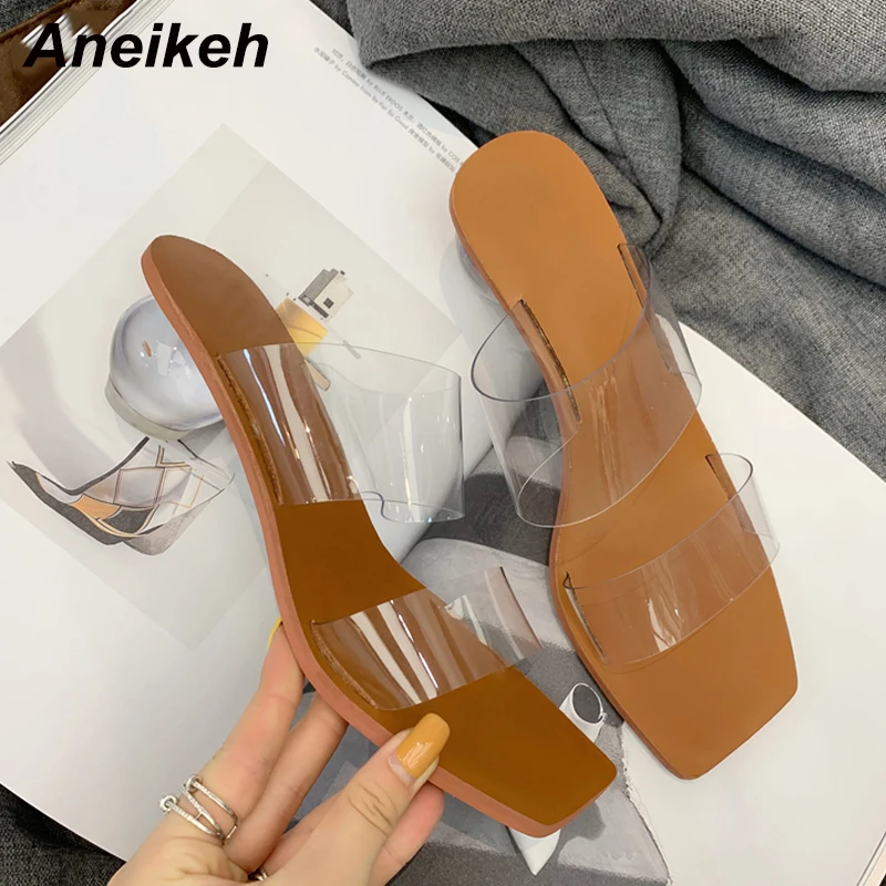 

Aneikeh PVC Transparent Slippers Open Toe Perspex Low Heel Women Crystal Summer Beach Sandals Fashion Design Slides Shoe 35-43