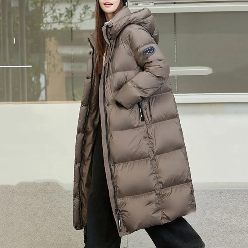 2025 جديد عالي الجودة سميكة بطة بيضاء أسفل فضفاضة المرأة أسفل سترة شتاء دافئ مقنعين طويلة الأكمام المرأة أسفل سترة