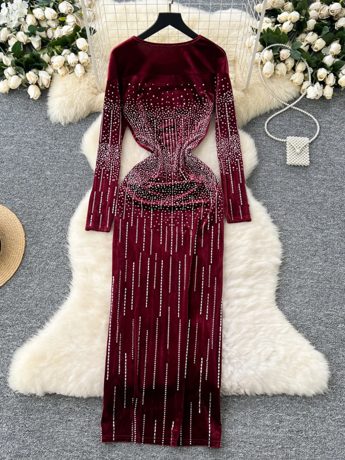 Velvet Long Sve Slimming Evening Par Dr Women's Faionable Winter High Waist A-Line Skirt Mid-Length Korean Sle