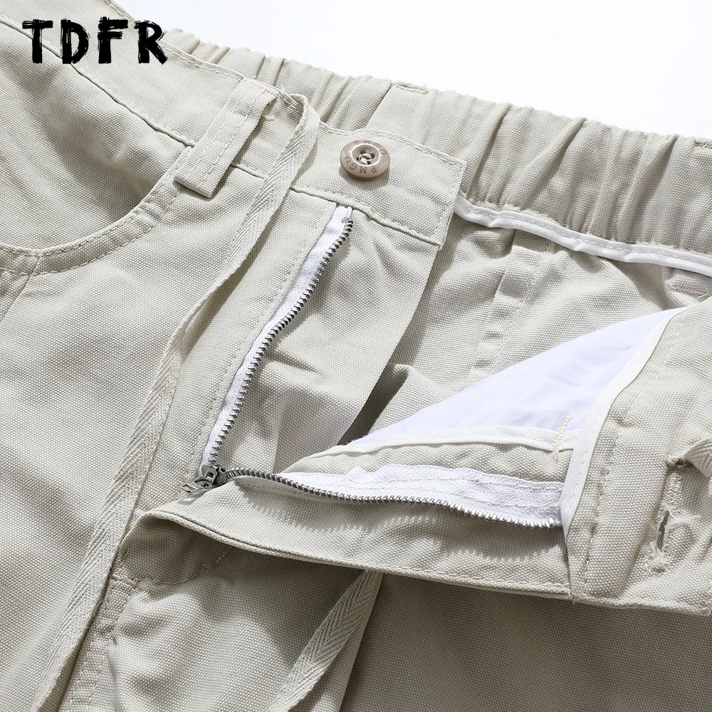 Solid Color Cargo Pants Mens Spliced Retro Streetwear Elastic Waist Pocket Loose Wide Leg Trousers Men